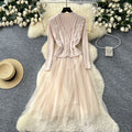Women's fall/winter layering set: new long-sleeve knit & mesh panel dress + beaded sleeveless vest