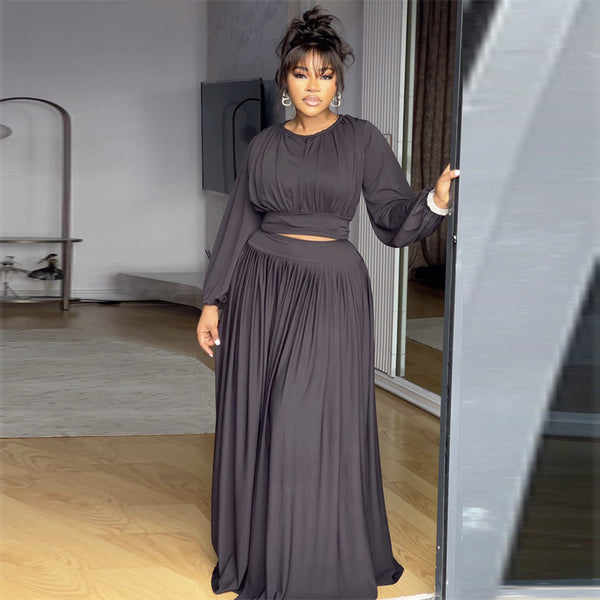 European and American  women's clothing 2025 autumn new fashion temperament round neck long-sleeved open button top large skirt set