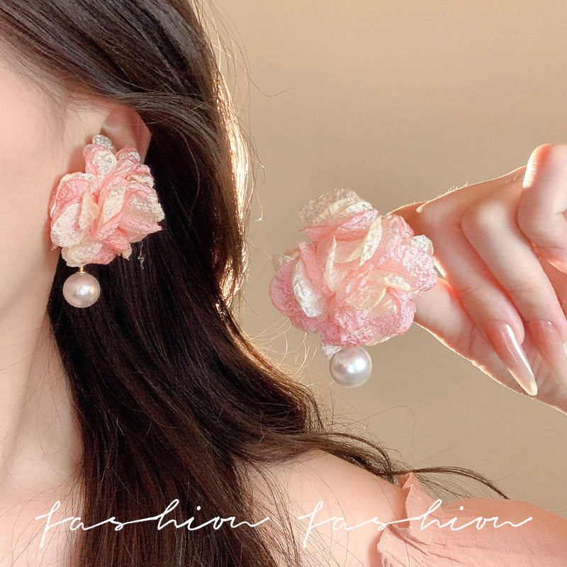 Pink mesh flower exaggerated earrings super fairy style dopamine earrings new trendy popular earrings niche women