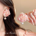 Pink mesh flower exaggerated earrings super fairy style dopamine earrings new trendy popular earrings niche women