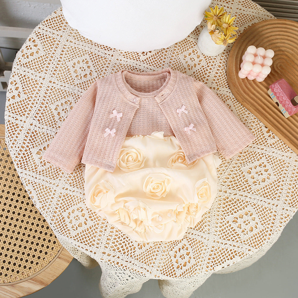 new girls' summer romper set - long sleeve, stylish, cute, korean style, patchwork baby girl outfit