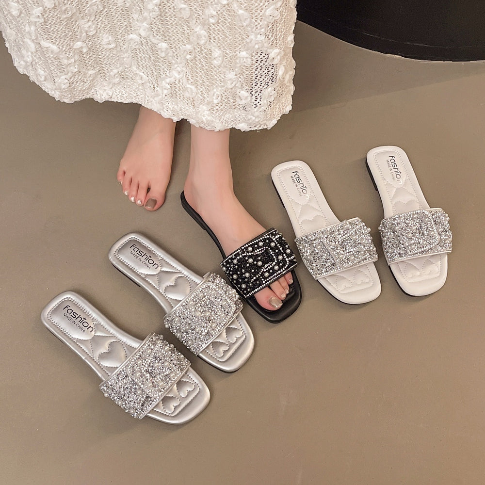 Plus size women's slides for export -  summer new arrivals: european & american fashion rhinestone flat one-strap sandals