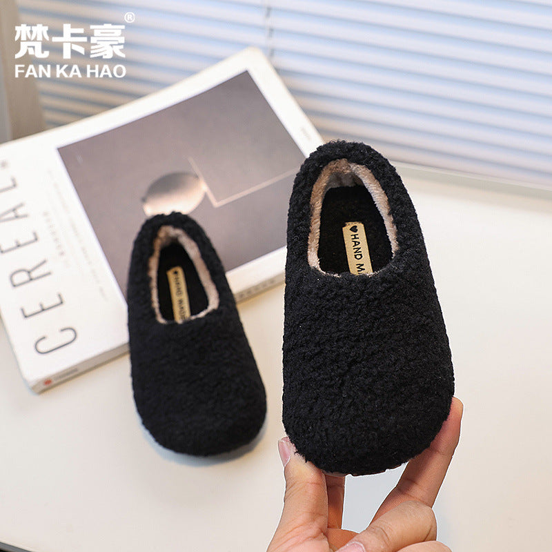 Fanka hau girls' fall/winter fleece-lined lambswool outdoor cotton shoes,  new slip-on solid color fuzzy slippers