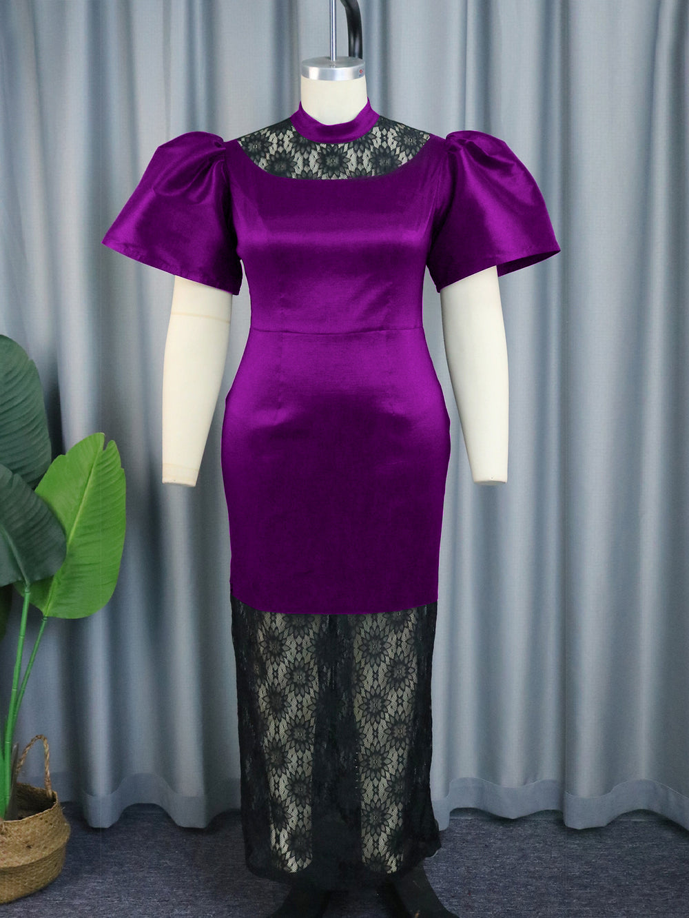Am030302 designer stand collar flared sleeve dress - elegant lace see-through mini dress