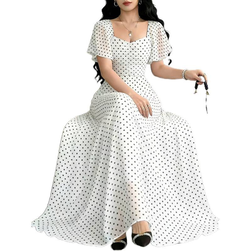 Women's summer new french chic ruffle sleeve fitted waist a-line chiffon maxi dress