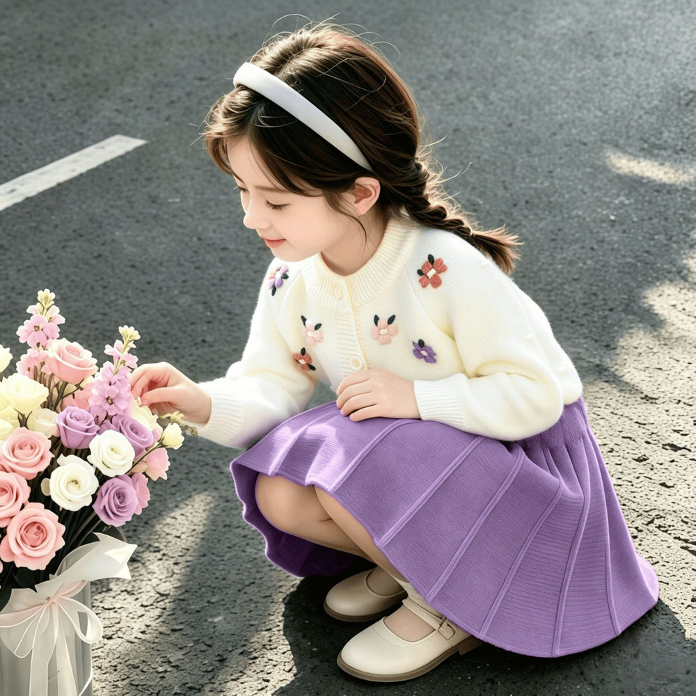 Girls' sweater set: korean style 3d floral purple knit cardigan,  trendy long-sleeve two-piece sweater set