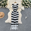 Goddess style elegantsilm round neck sleeveless color block stripesknittingdress women's summer tight hip tassel skirt