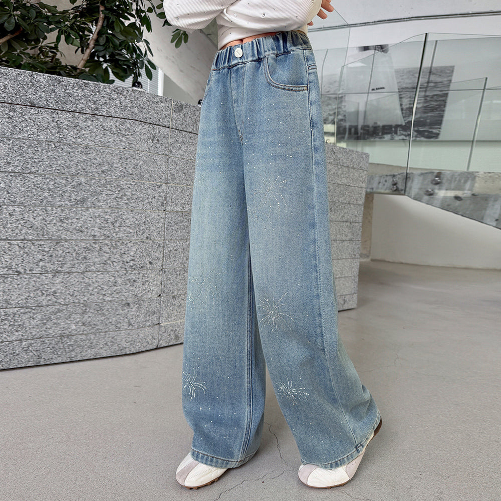 Girls' korean style rhinestone fireworks denim wide-leg pants - spring/autumn kids' high-waisted  new arrival - slimming straight-leg, stylish and trendy