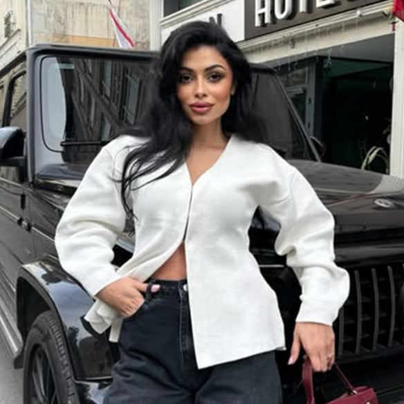 New European and American style  women's French casual long-sleeved cardigan street style celebrity fashion split top women