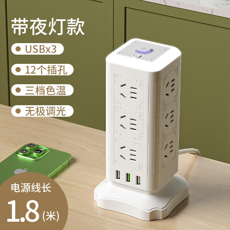 Multi-outlet vertical power strip with usb ports, multifunctional home & office power strip, cube power strip with cord management, desktop night light