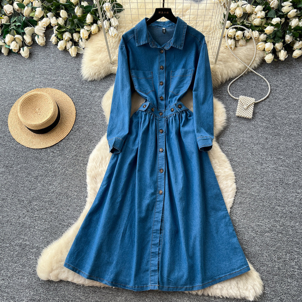 Commuting denim style lapel long sleevesdress women's summerk-style waist slimming look a-line skirt classyelegant skirt
