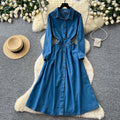 Commuting denim style lapel long sleevesdress women's summerk-style waist slimming look a-line skirt classyelegant skirt