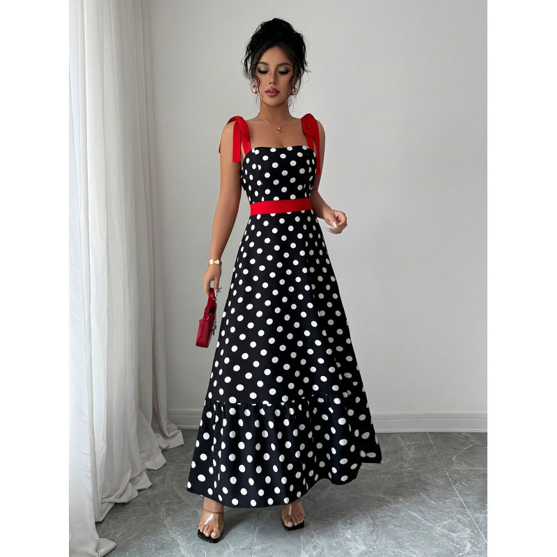Women's french chic polka dot color block patchwork a-line maxi slip dress