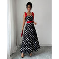 Women's french chic polka dot color block patchwork a-line maxi slip dress