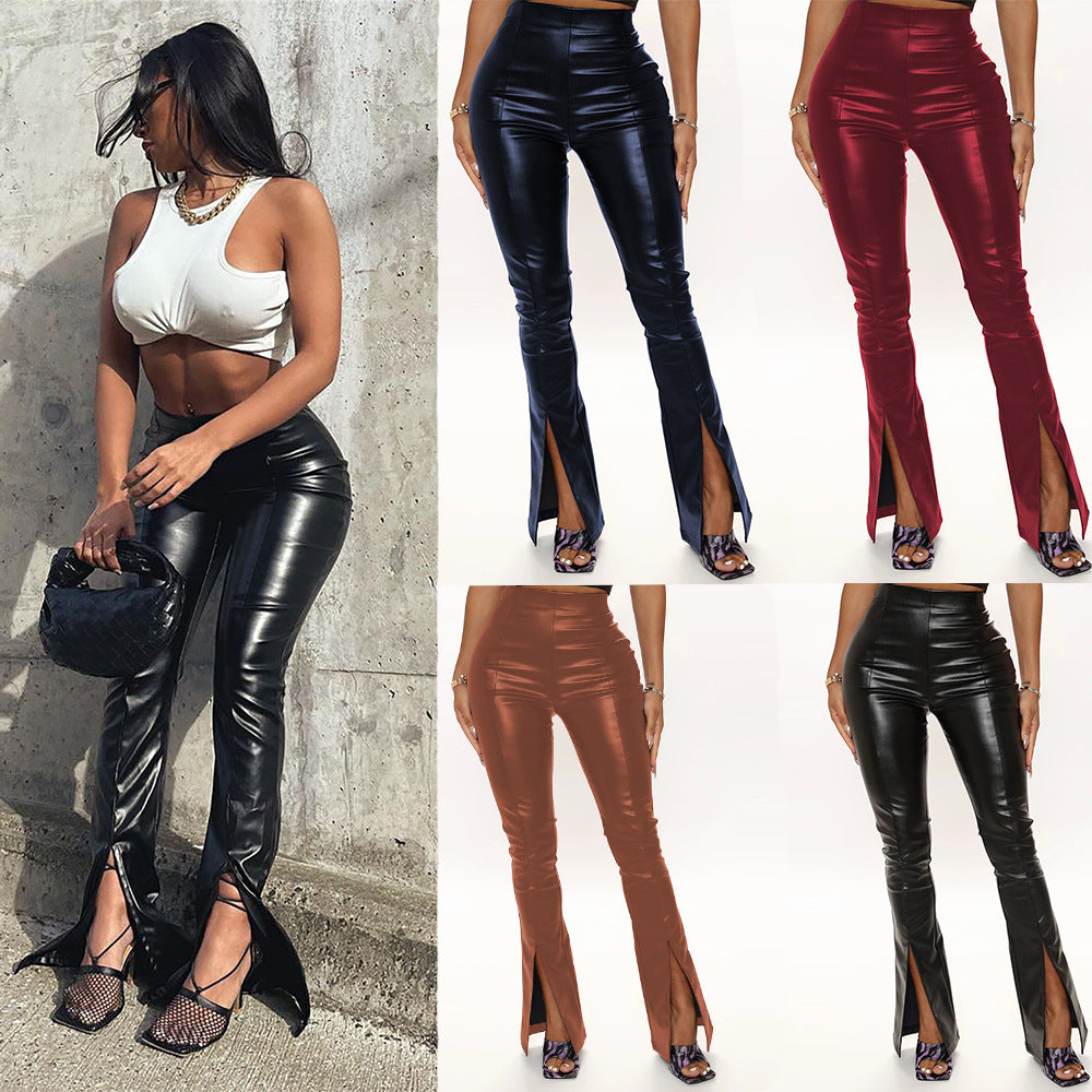 Wish  sexy pu leather pants, european and american classic high-waisted stretch flare leggings, women's slit long pants, plus size