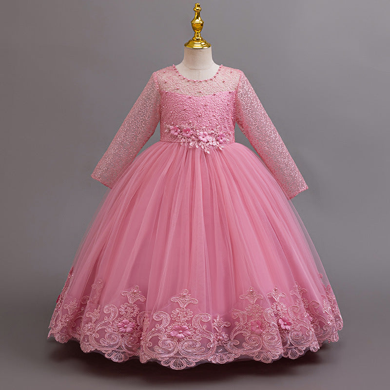 New in stock long sleeveslacekids dress wedding dress princess dress female flower girl birthday dress kids dress