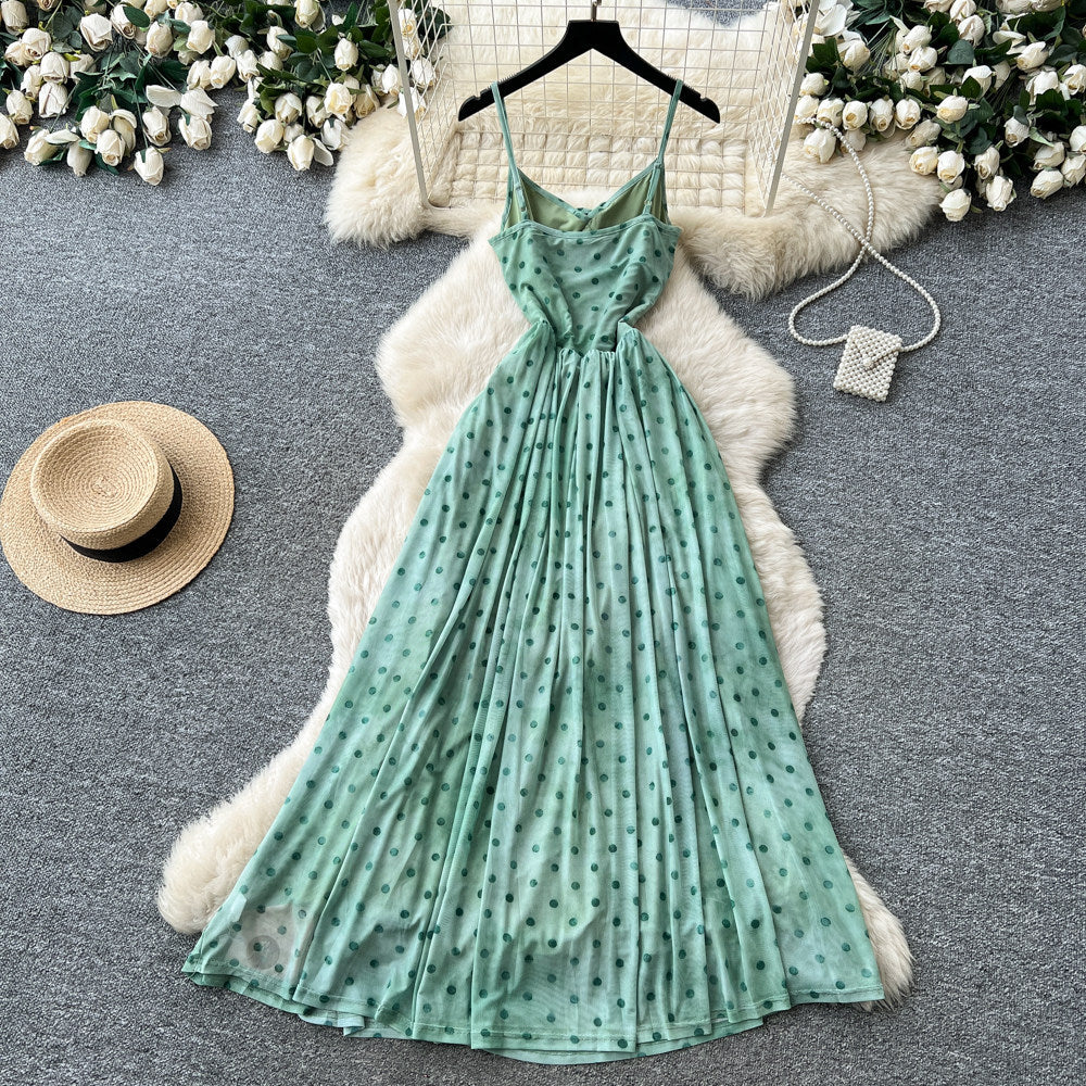 French riviera style green polka dot cami dress - women's summer versatile high-waisted slimming elegant maxi dress