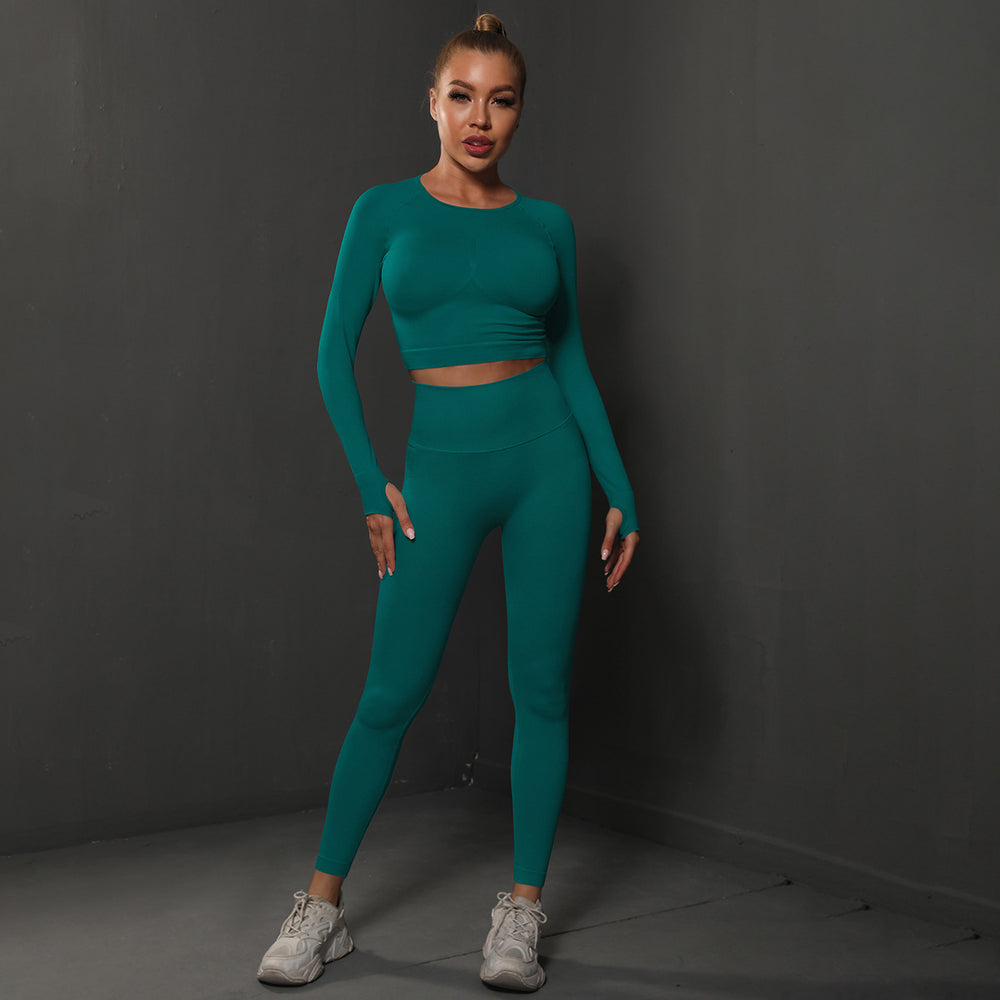 New solid color knitted peach lift tight yoga leggings set - seamless fitness activewear for women, perfect for running and yoga