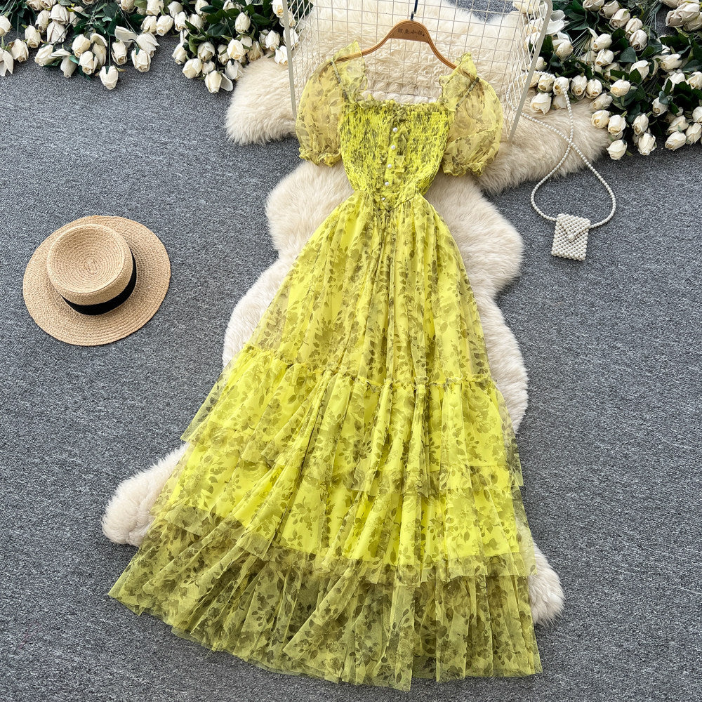 French gentle style puff sleeve floral dress women's summer k-style square collar high waist a-line elegant cake skirt slimming look