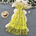 French gentle style puff sleeve floral dress women's summer k-style square collar high waist a-line elegant cake skirt slimming look