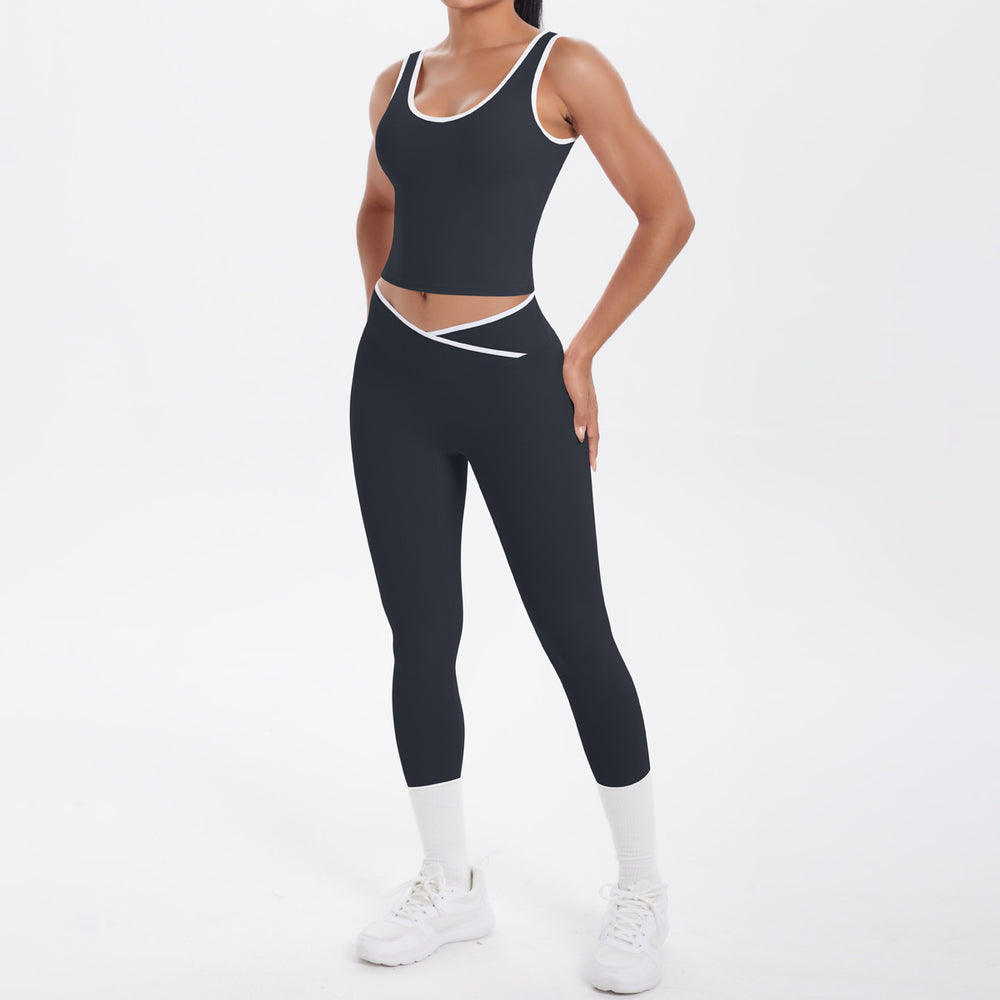 new arrival: double-sided brushed fleece color block compression yoga set - breathable, cross-back design, perfect for running and fitness (two-piece set)
