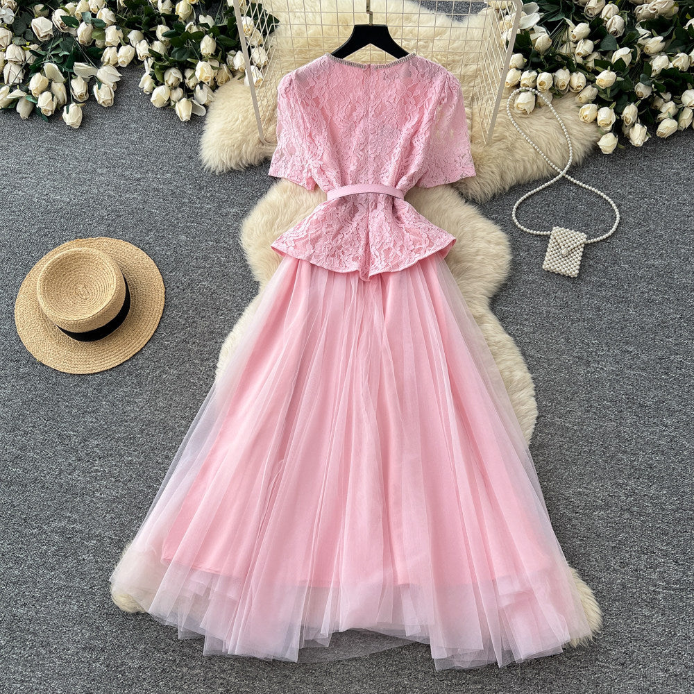 Xiaoxiangfeng socialite pink lace a-line dress women's summer waist slimming look mesh long skirt classy sense of commuting