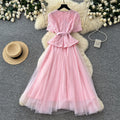 Xiaoxiangfeng socialite pink lace a-line dress women's summer waist slimming look mesh long skirt classy sense of commuting