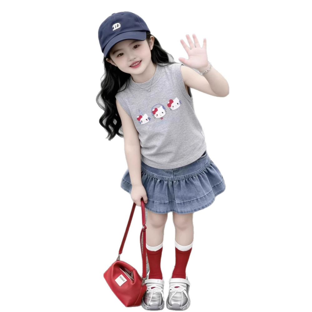 Girls'  summer comfortable cartoon cat tank top set, baby girl casual sweet denim skirt two-piece outfit