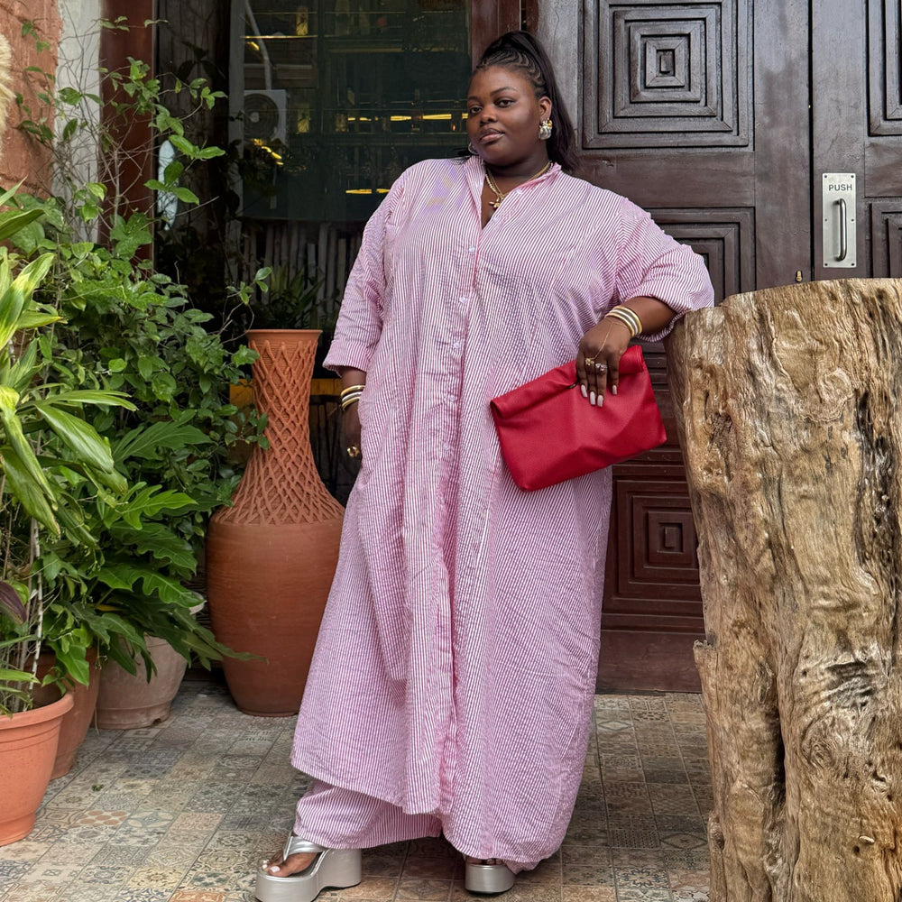 European and american cross-border women's clothing  summer new arrival: african-style plus size pink striped longline shirt and wide-leg pants set