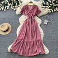 Frenchretro polka dot elegant short-sleeved dress women's summerv neck waist tie back a-line skirt slimming look elegant long skirt