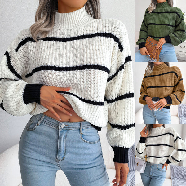 Real shot 2025 autumn and winter European and American casual striped lantern sleeves semi-turtleneck knitted sweater,   women's clothing
