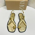 Za2025 women's summer new brown square-toe crossover casual flat sandals with gold buckle