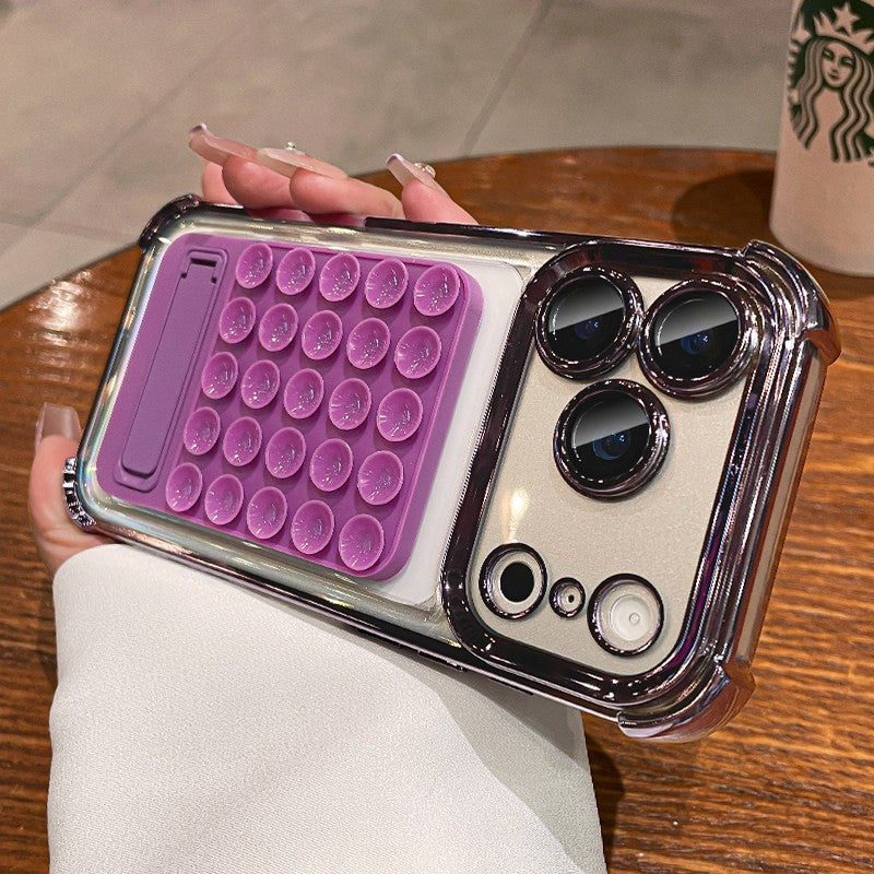 Suitable for iphone 17 pro max phone case, electroplated four-corner shockproof silicone suction cup kickstand case, also compatible with iphone 16