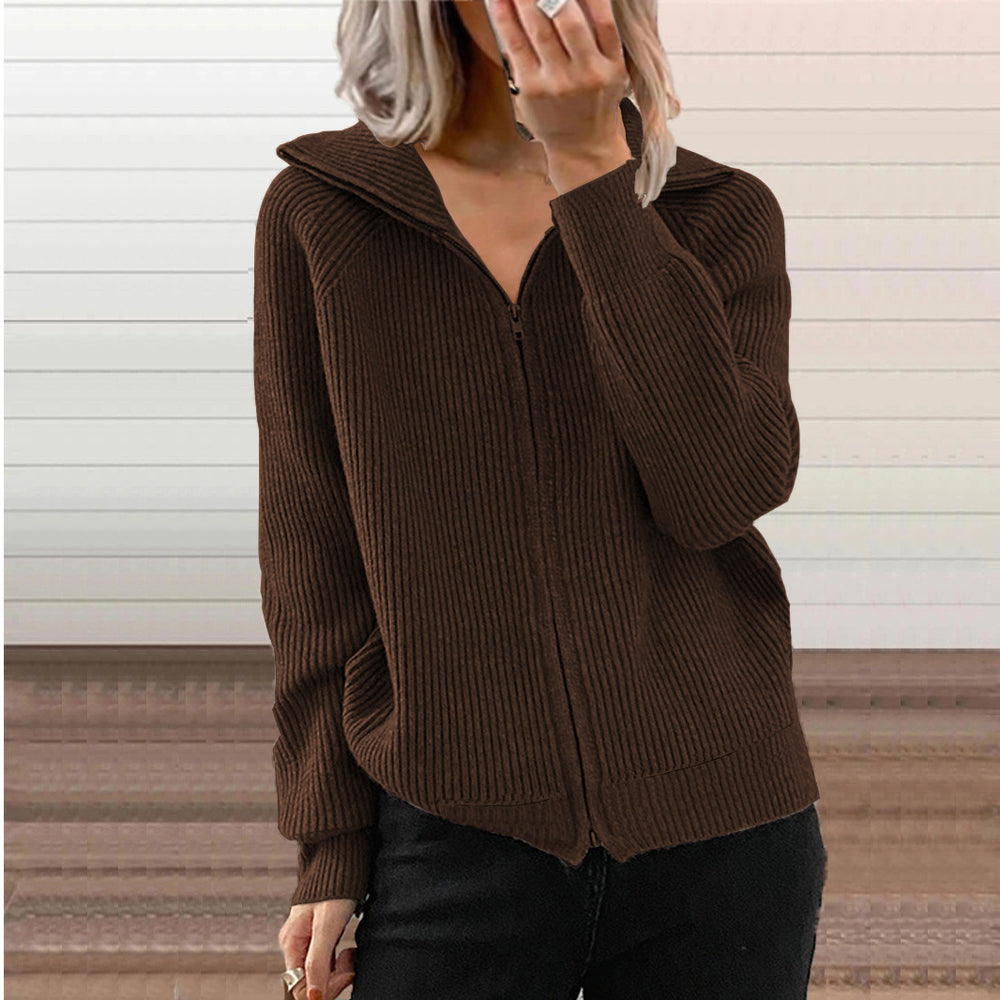 Fashion cross-border fall and winternew arrivalstripescasualoutwearlooseknitting shirt zipper cardiganlong sleeves lapel sweater women