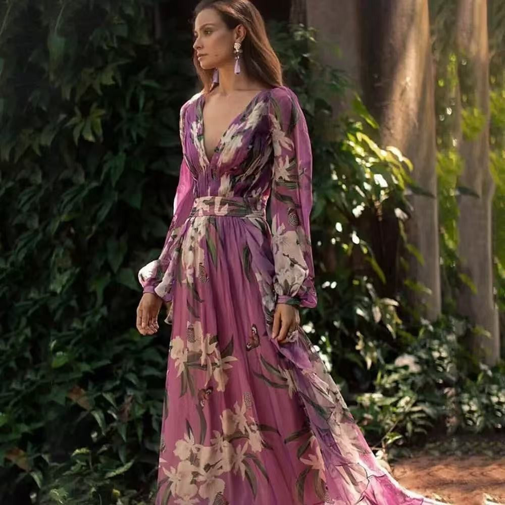 summer new arrival: women's printed dress for cross-border e-commerce, -ready v-neck long sleeve maxi dress