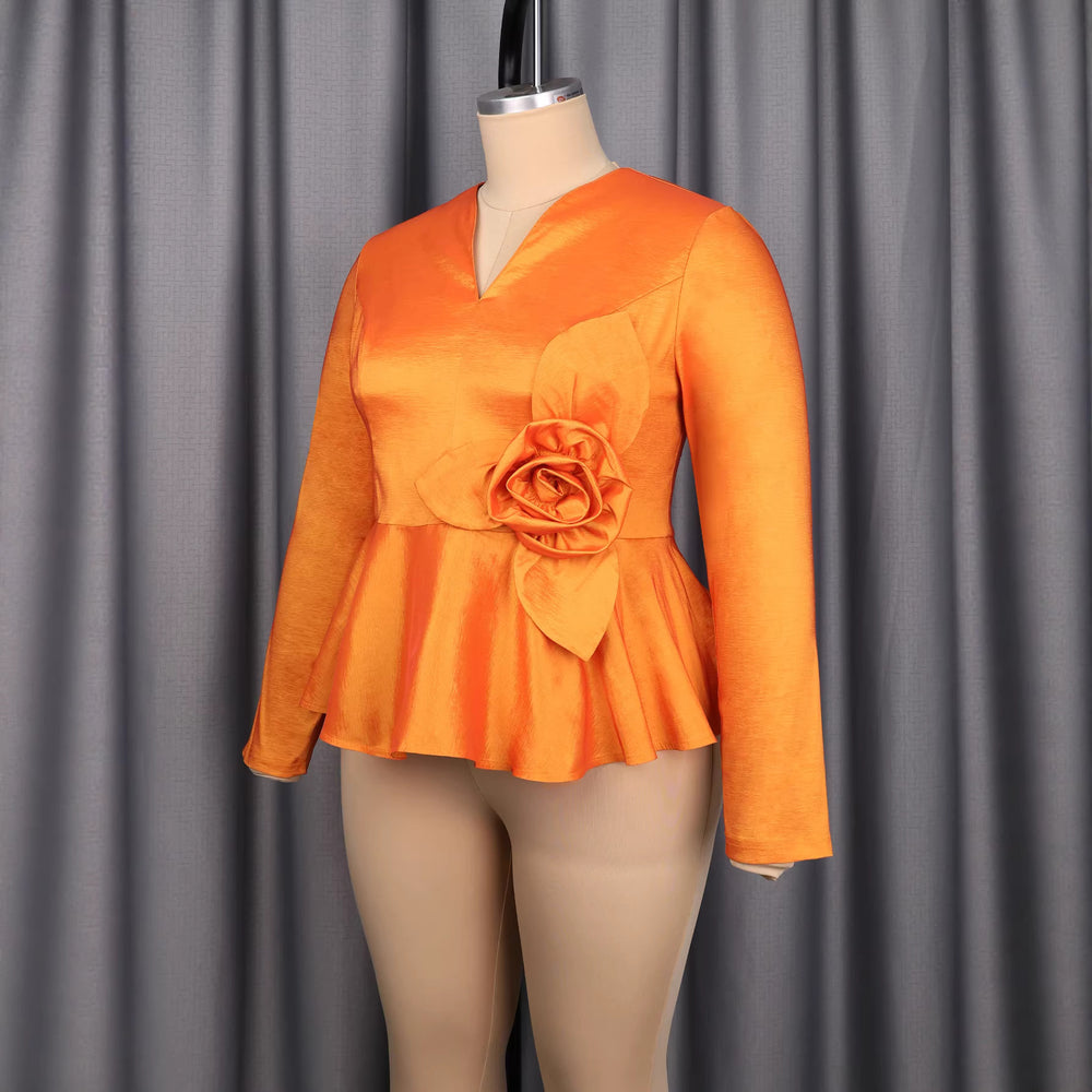 Amazon's new stereo flower long sleevestops waist rufflesv neckwork clothing banquet elegantslimming lookshirt