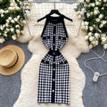 Sexy socialite accessible luxuryhalter sleeveless metal buckle silmknittingdress female french waist chidori grids skirt