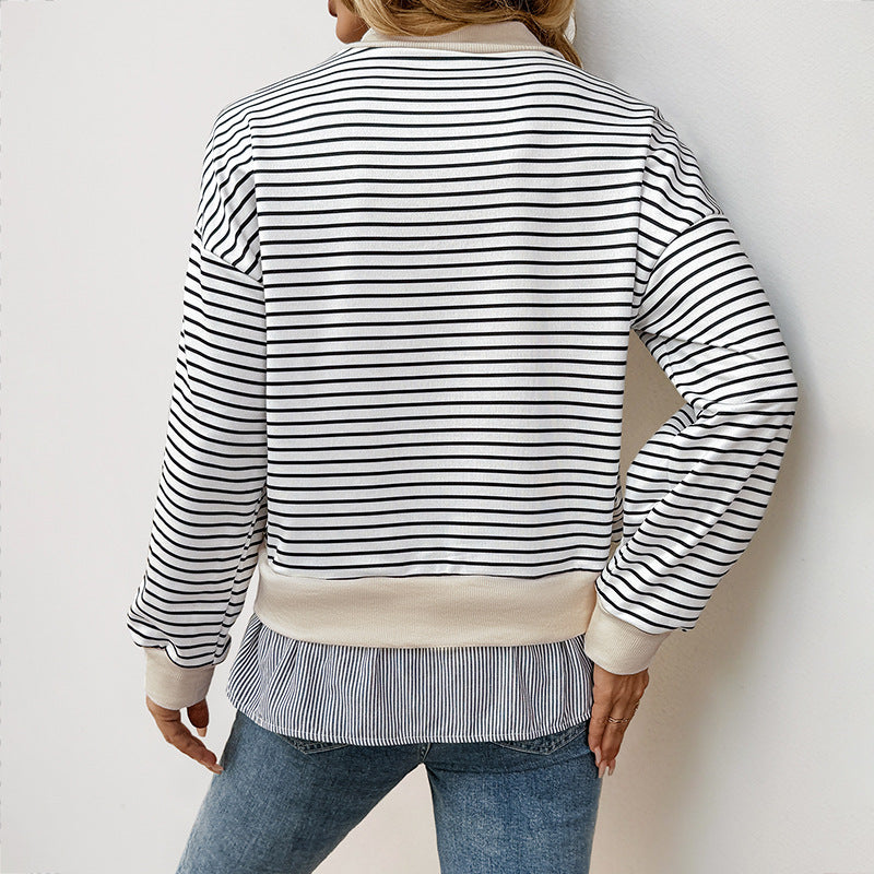European and American  2025 new  versatile casual dating commuter semi-turtleneck loose striped fake two-piece sweater