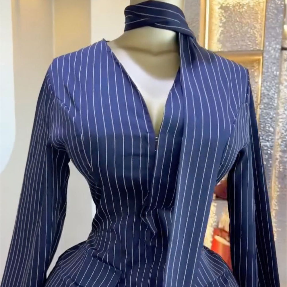 European and american cross-border women's fashion:  summer new arrival - elegant commute v-neck slim-fit halter neck striped dress