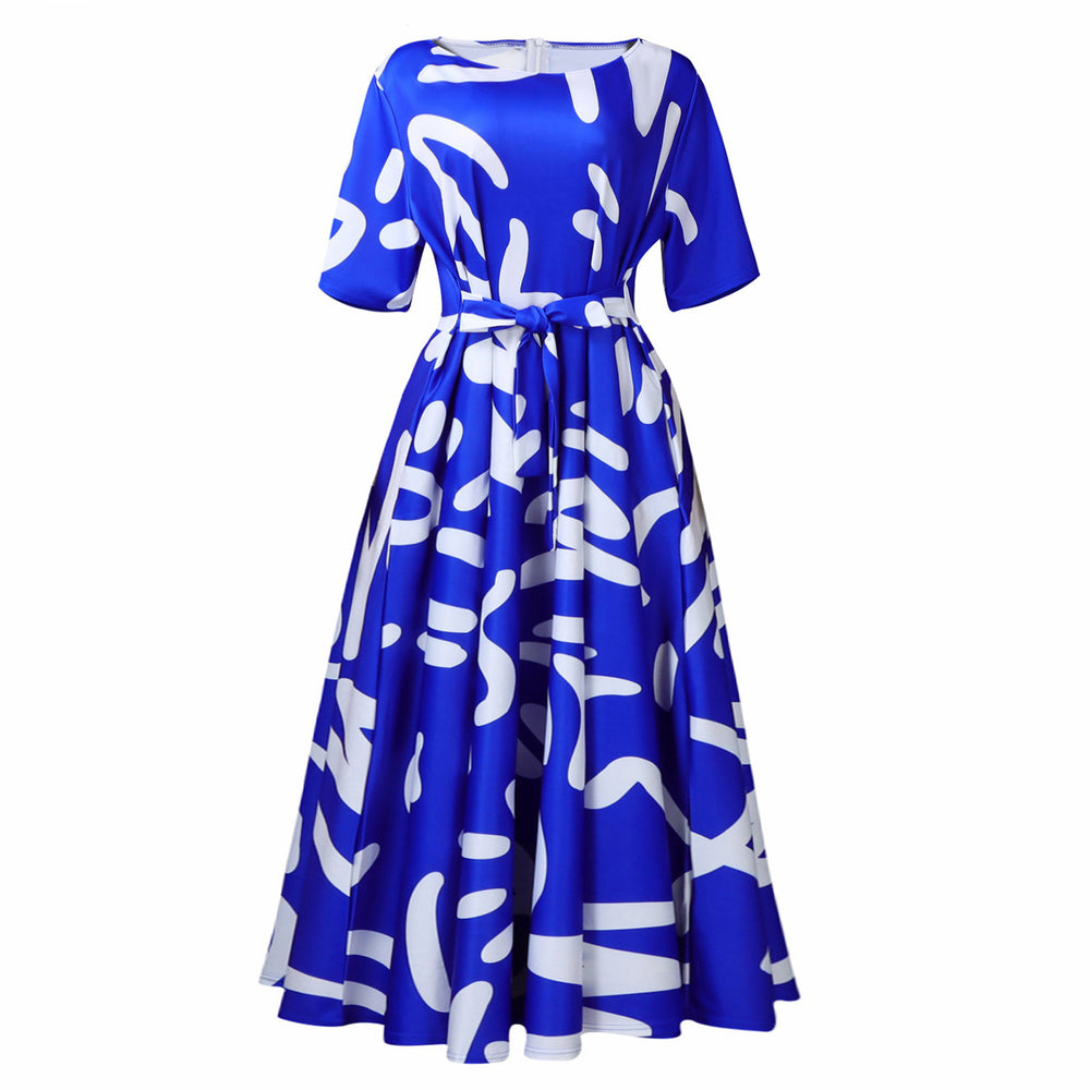 Q128 cross-border fashionable short-sleeve printed plus-size high-waisted a-line midi dress - new european and american style