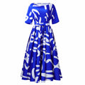 Q128 cross-border fashionable short-sleeve printed plus-size high-waisted a-line midi dress - new european and american style