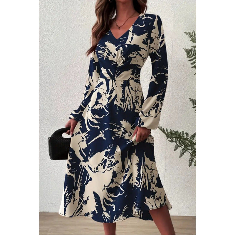 european and american cross-border e-commerce independent website spring/autumn new v-neck dress - bestselling printed maxi dress