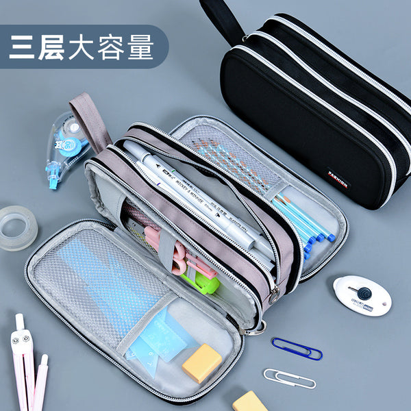 Cross-border large-capacity zipper hand-held pencil case Fabric canvas Middle school student stationery case Multifunctional simple pencil case