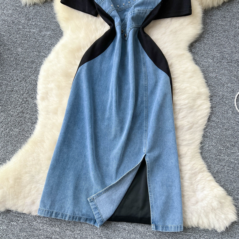 Korean style fashionable elegant asymmetrical short sleeve patchwork rhinestone waist denim dress women's summer slit maxi dress