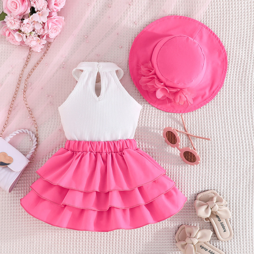 new european and american style girls' sleeveless solid color top with floral cake skirt and hat three-piece set