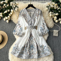 European and american retro chic location print dress - women's high-end slim-fit v-neck single-breasted elegant french mini dress