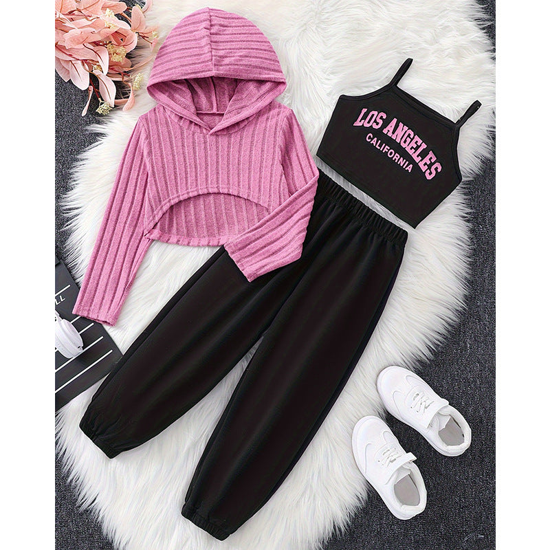 Girls' casual knitted pink hoodie sweatshirt, tank top, and drawstring sweatpants three-piece set for autumn (export quality)