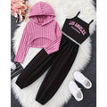 Girls' casual knitted pink hoodie sweatshirt, tank top, and drawstring sweatpants three-piece set for autumn (export quality)