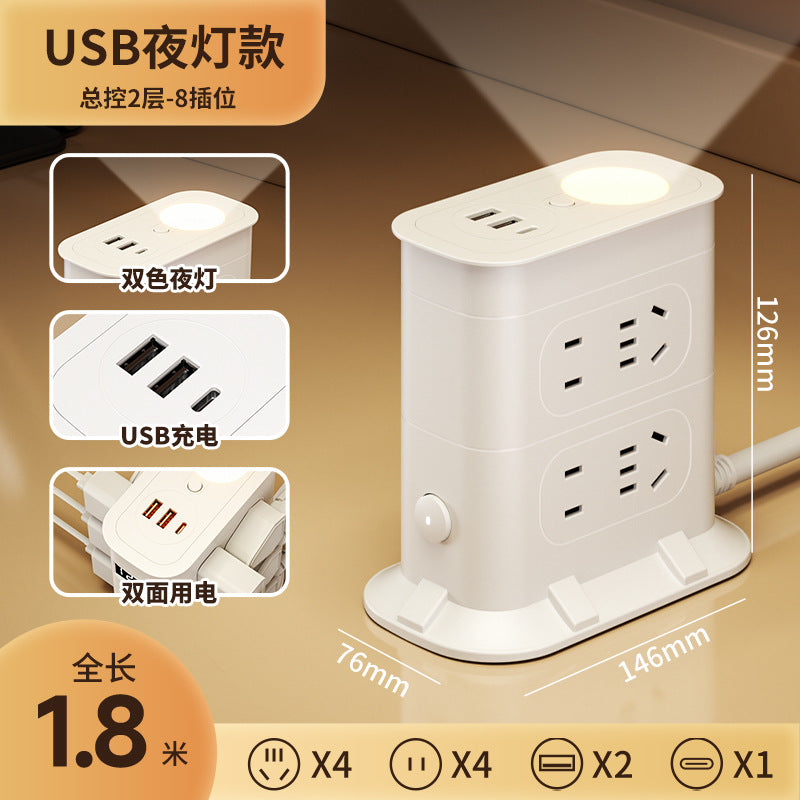Multi-functional usb power strip socket - dorm room student power strip with long cord, home office desk panel with clock and night light