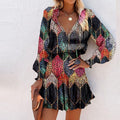 cross-border european and american women's clothing: new autumn color block mini dress with printed design and fashionable cinched waist